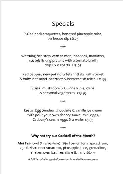 March Specials Menu