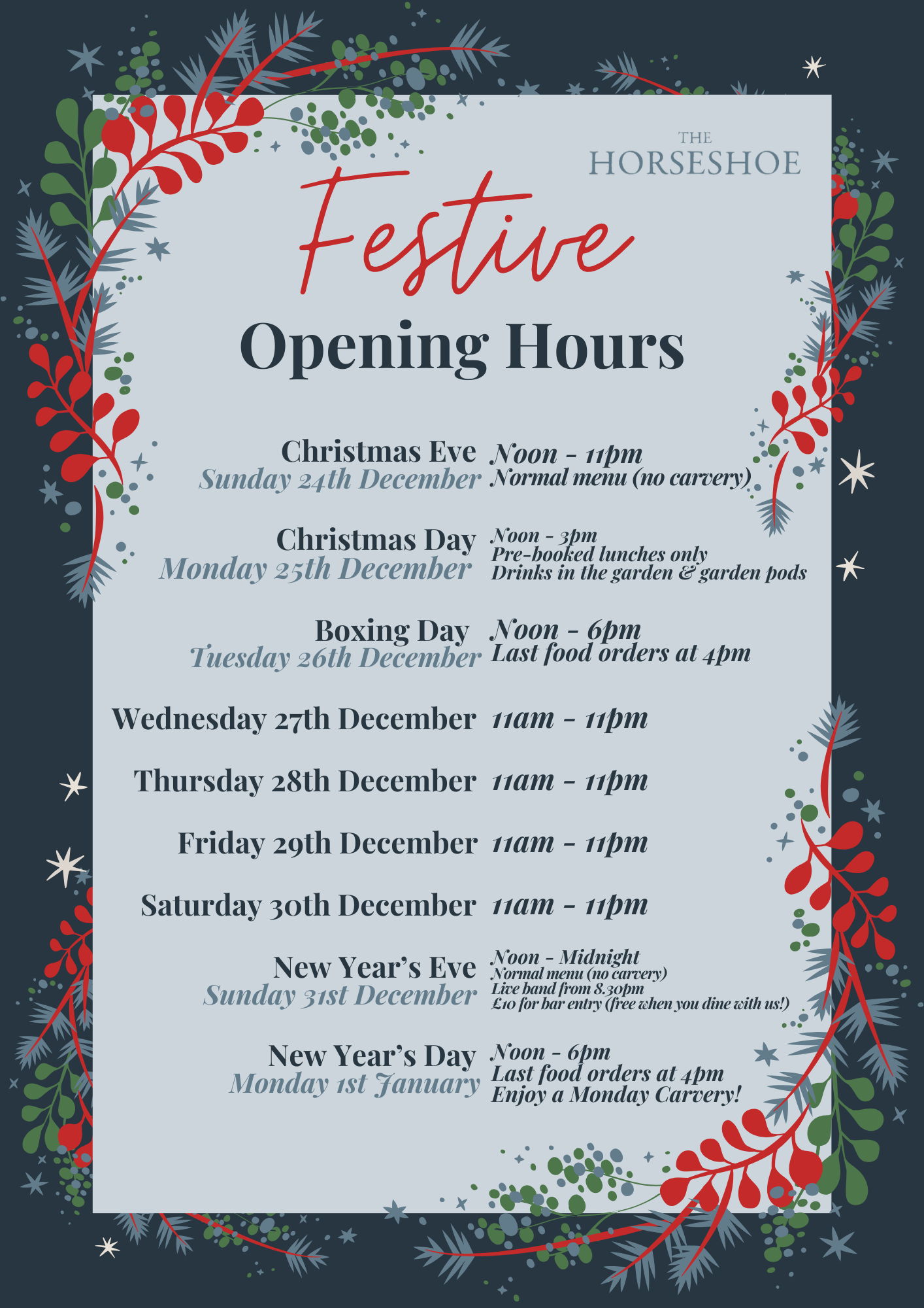 Christmas 2023 Opening Hours The Horseshoe The Horseshoe